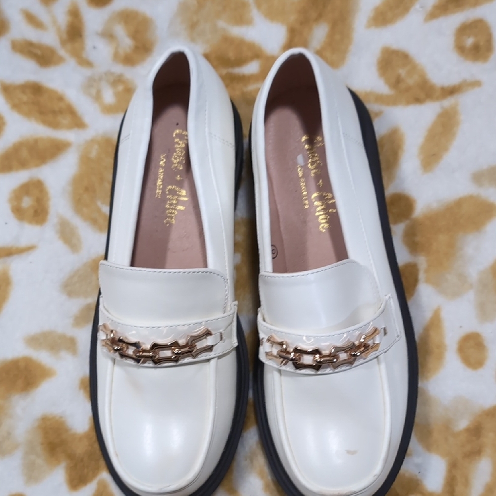 Chase and Chole White Loafers with Gold Chain Detail